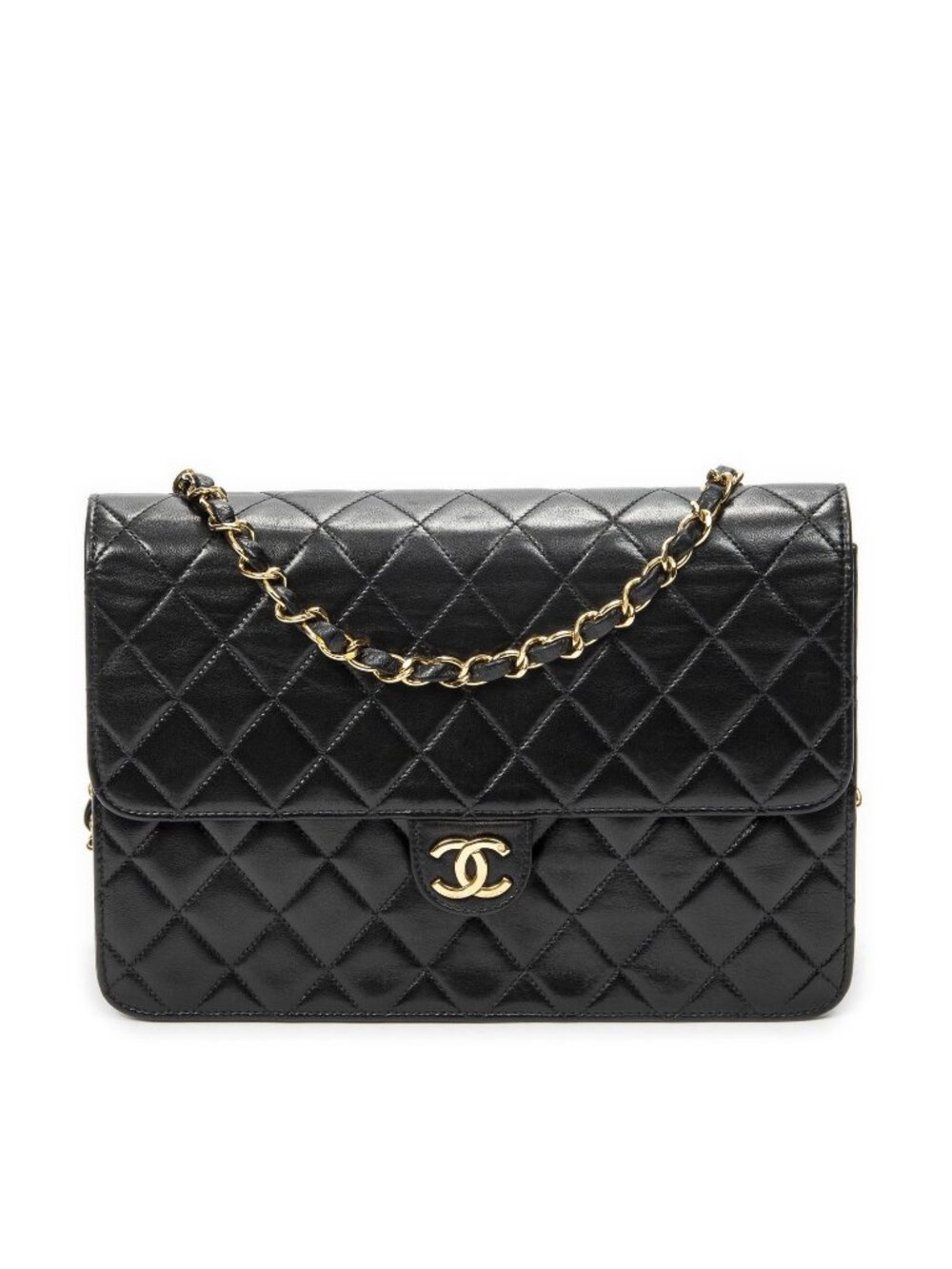 Chanel Vintage Pushlock Straight Flap Bag Black Quilted Lambskin Leather